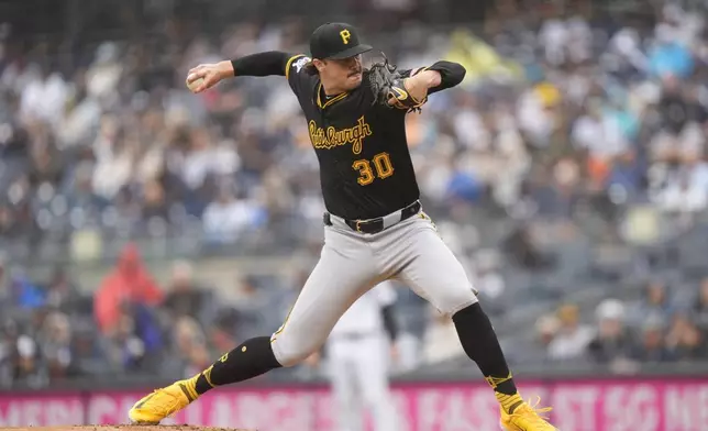 Pittsburgh Pirates' Paul Skenes pitches during the first inning of a baseball game against the New York Yankees, Saturday, Sept. 28, 2024, in New York. (AP Photo/Frank Franklin II)