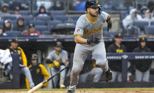 Pittsburgh Pirates Joey Bart runs to first base after hitting a single during the third inning of a baseball game against the New York Yankees, Sunday, Sept. 29, 2024, in New York. (AP Photo/Eduardo Munoz Alvarez)