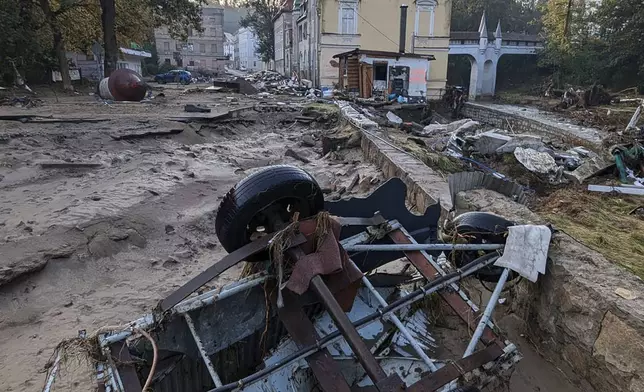 This handout photo provided by the State Fire Service of Poland, shows damages after the flooding in southwestern Poland, Ladek Zdroj, Poland, on Thursday, Sept. 19 , 2024. (Tomasz Fijolek/KG PSP via AP)