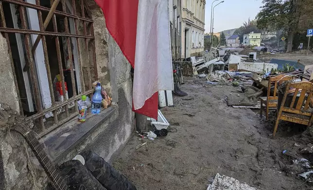 This handout photo provided by the State Fire Service of Poland, shows damages after the flooding in southwestern Poland, Ladek Zdroj, Poland, Thursday, Sept. 19, 2024. (Tomasz Fijolek/KG PSP via AP)