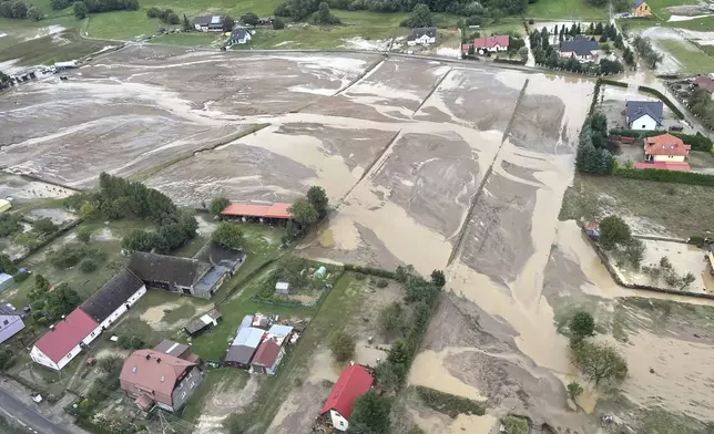 This handout photo provided by the Polish fire department, shows a flooded area near the Nysa Klodzka river in Nysa, Poland on Monday, Sept. 16, 2024. (KG PSP Photo via AP)