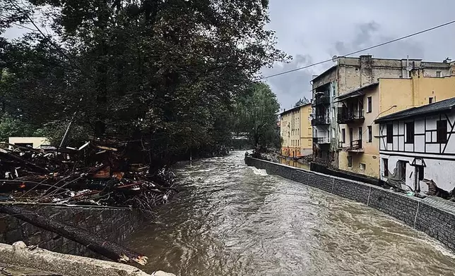 This handout photo provided by the State Fire Service of Poland, shows a flooded street in the town of Nysa, southwestern Poland, Tuesday, Sept. 17, 2024. Authorities said the town has avoided major flooding, unlike many other locations in the region. (Maciej Krysinski/KG PSP via AP)