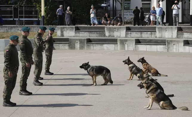 Polish army dogs and their handlers are seen during a ceremony in Nowy Dwor Mazowiecki, Poland, Friday, Sept. 6, 2024. (AP Photo/Czarek Sokolowski)