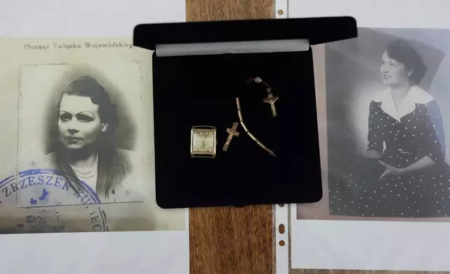 Amber crucifixes and golden jewelry that were confiscated by Nazi Germans from Stanislawa Wasilewska, pictured in the family photos, who was captured by Nazi troops during Warsaw Uprising in 1944 and taken to a forced labor camp. The items that had been stored at Germany's Arolsen Archives, were returned to Wasilewska's relatives in a ceremony in Warsaw, Poland, on Tuesday, Sept. 10, 2024, in which 10 other families also had belongings of their relatives returned. (AP Photo/Czarek Sokolowski)