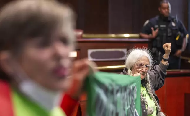 Opponents of the under-construction law enforcement training center known to some as Cop City disrupt the City Council meeting at City Hall in Atlanta on Monday, Sept. 16, 2024. (Arvin Temkar/Atlanta Journal-Constitution via AP)