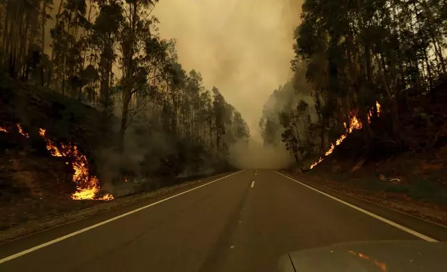 Wildfire advances near Sever do Vouga, a town in northern Portugal that has been surrounded by forest fires, Tuesday, Sept. 17, 2024. (AP Photo/Bruno Fonseca)