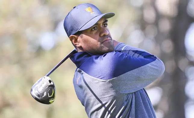 United States team member Tony Finau tees off on the third hole during a practice round at the Presidents Cup golf tournament at Royal Montreal Golf Club in Montreal, Tuesday, Sept. 24, 2024. (Graham Hughes/The Canadian Press via AP)