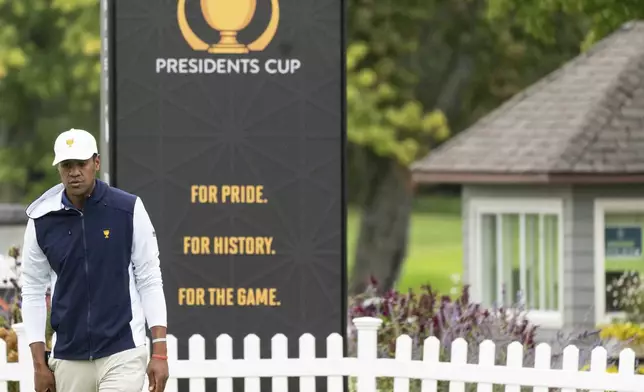 United States team member Tony Finau practices on the putting green at the Presidents Cup golf tournament at the Royal Montreal Golf Club, Monday, Sept. 23, 2024, in Montreal. (Christinne Muschi/The Canadian Press via AP)