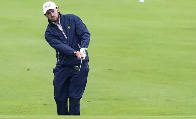 United States team member Patrick Cantlay practices at the Presidents Cup golf tournament at the Royal Montreal Golf Club, Monday, Sept. 23, 2024 in Montreal. (Christinne Muschi/The Canadian Press via AP)