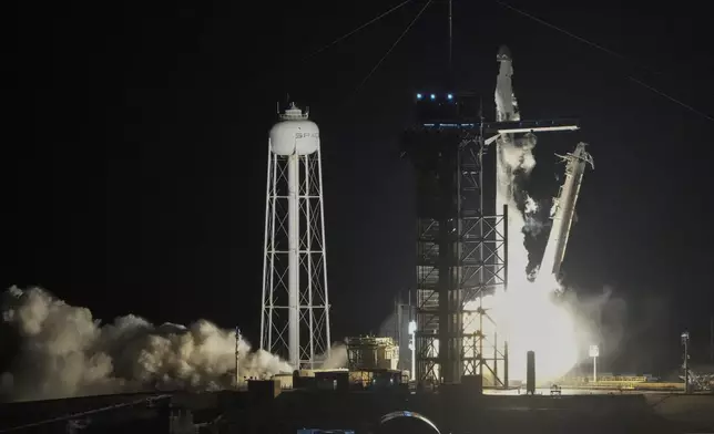 A SpaceX Falcon 9 rocket with a crew of four lifts off from pad 39A at the Kennedy Space Center in Cape Canaveral, Fla., Tuesday, Sept. 10, 2024. (AP Photo/John Raoux)