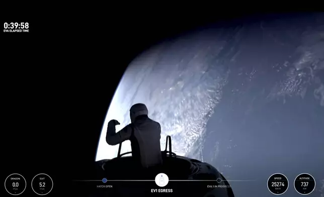 This image made from a SpaceX video shows the start of the first private spacewalk led by tech billionaire Jared Isaacman Thursday Sept. 12, 2024. (SpaceX via AP)