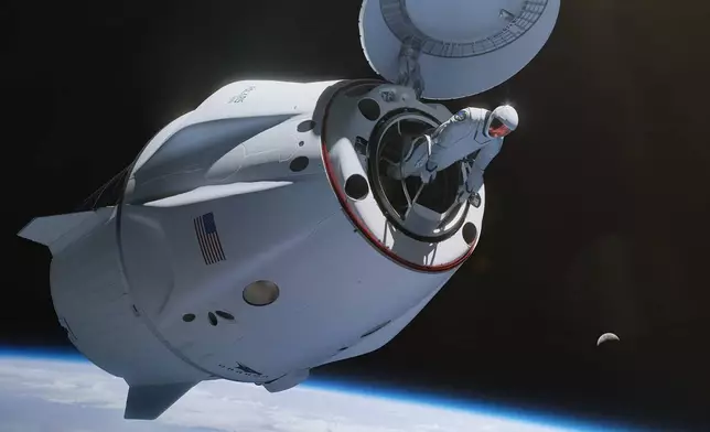 This illustration provided by SpaceX in 2024 depicts a spacewalk from the Dragon capsule. (SpaceX via AP)