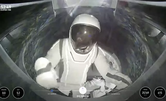 This image made from a SpaceX video shows SpaceX engineer Sarah Gillis on her way out of the capsule, Thursday Sept. 12, 2024. (SpaceX via AP)