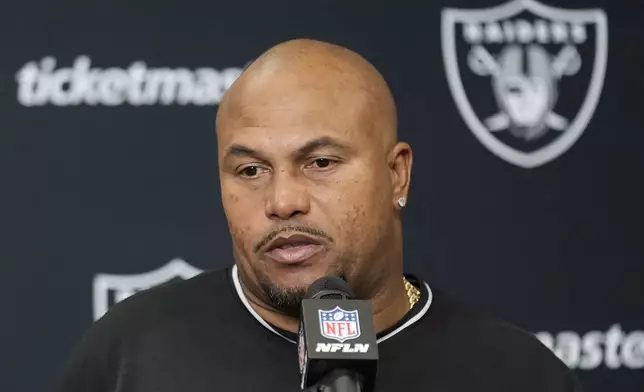 Las Vegas Raiders head coach Antonio Pierce speaks at a news conference after an NFL football game against the Los Angeles Chargers, Sunday, Sept. 8, 2024, in Inglewood, Calif. (AP Photo/Marcio Jose Sanchez)