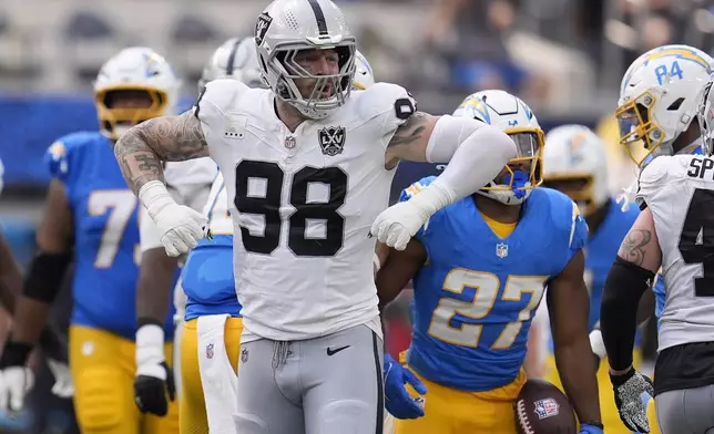 Las Vegas Raiders defensive end Maxx Crosby (98) reacts against the Los Angeles Chargers during the second half of an NFL football game, Sunday, Sept. 8, 2024, in Inglewood, Calif. (AP Photo/Marcio Jose Sanchez)