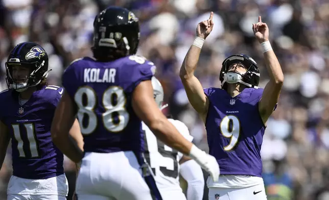 Baltimore Ravens place kicker Justin Tucker (9) reacts after kicking a field goal against the Las Vegas Raiders during the first half of an NFL football game, Sunday, Sept. 15, 2024, in Baltimore. (AP Photo/Nick Wass)