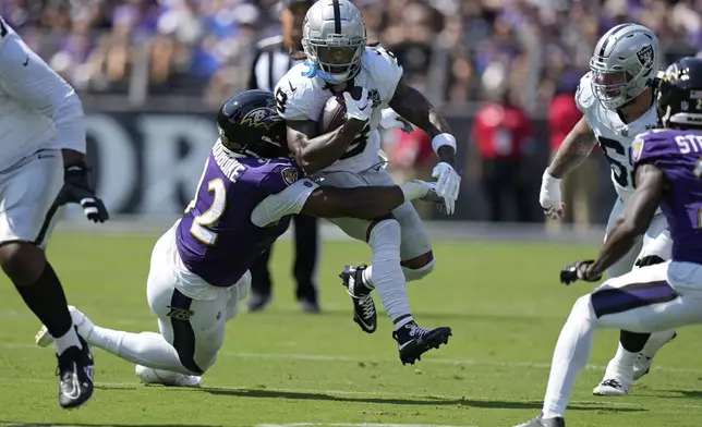 Baltimore Ravens defensive tackle Nnamdi Madubuike (92) tackles Las Vegas Raiders running back Ameer Abdullah (8) during the first half of an NFL football game, Sunday, Sept. 15, 2024, in Baltimore. (AP Photo/Stephanie Scarbrough)