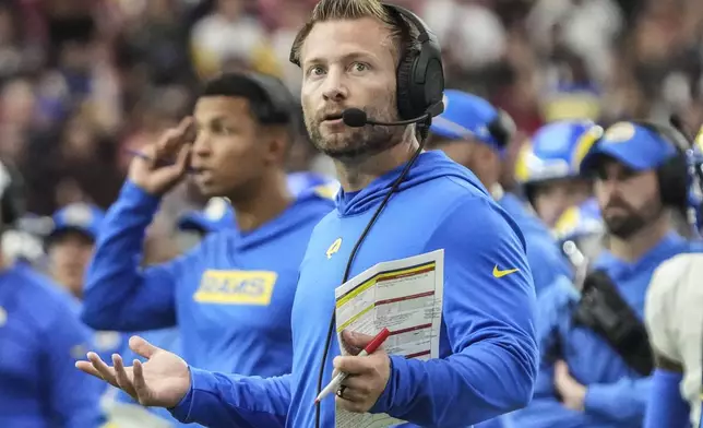 Los Angeles Rams head coach Sean McVay speaks on the sidelines during the first half of an NFL football game against the Arizona Cardinals, Sunday, Sept. 15, 2024, in Glendale, Ariz. (AP Photo/Rick Scuteri)