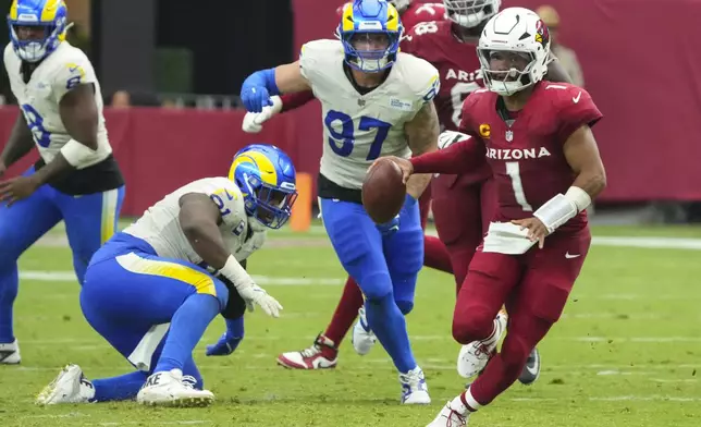 Arizona Cardinals quarterback Kyler Murray (1) runs out of the pocket against the Los Angeles Rams during the second half of an NFL football game, Sunday, Sept. 15, 2024, in Glendale, Ariz. (AP Photo/Rick Scuteri)