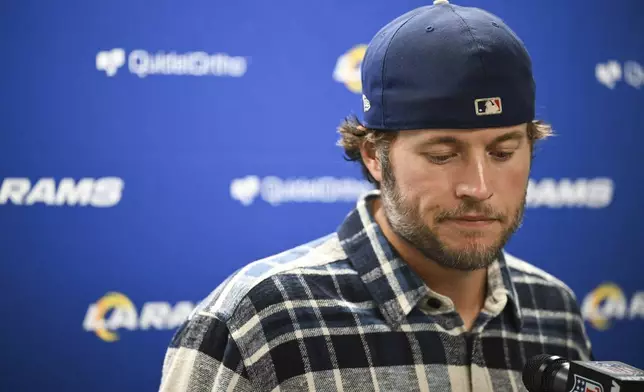 Los Angeles Rams quarterback Matthew Stafford speaks to the media after an NFL football game against the Detroit Lions in Detroit, Monday, Sept. 9, 2024. (AP Photo/David Dermer)