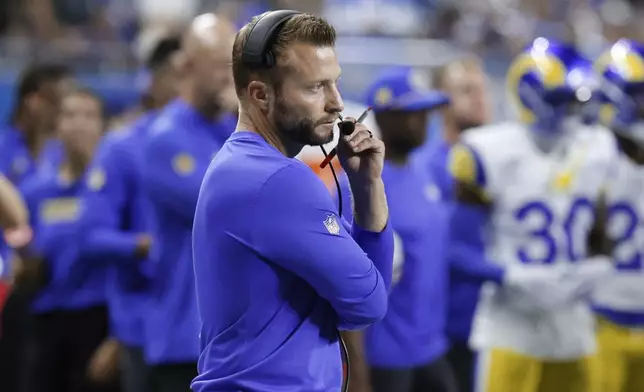 Los Angeles Rams head coach Sean McVay watches against the Detroit Lions during the first half of an NFL football game in Detroit, Sunday, Sept. 8, 2024. (AP Photo/Duane Burleson)