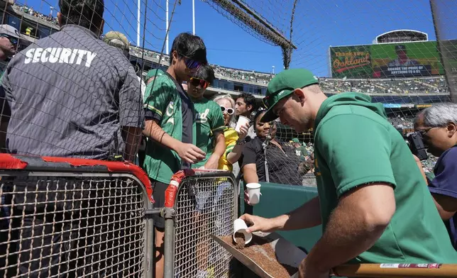 Oakland Athletics groundskeeper Jack Tanner, right, fills up cups with dirt for fans before a baseball game against the Texas Rangers, Thursday, Sept. 26, 2024, in Oakland, Calif. (AP Photo/Godofredo A. Vásquez)