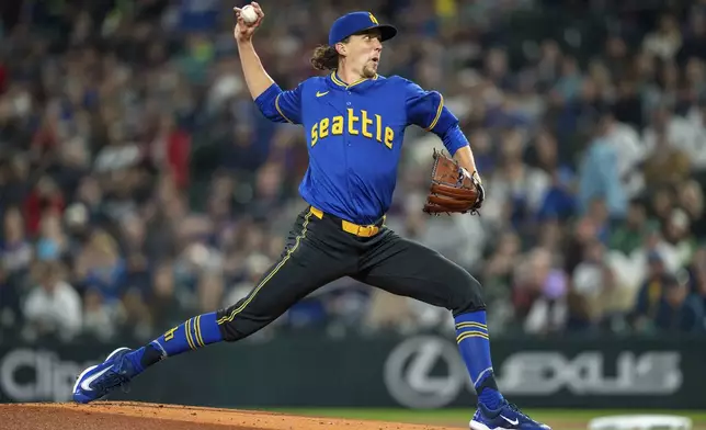 Seattle Mariners starter Logan Gilbert delivers a pitch during the first inning of a baseball game against the Texas Rangers, Saturday, Sept. 14, 2024, in Seattle. (AP Photo/Stephen Brashear)