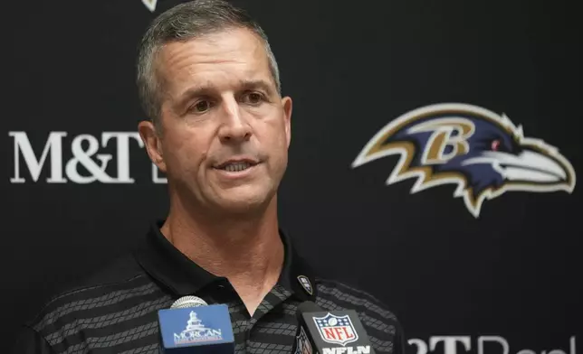 Baltimore Ravens head coach John Harbaugh speaks during a news conference following an NFL football game against the Kansas City Chiefs Thursday, Sept. 5, 2024, in Kansas City, Mo. The Chiefs won 27-20. (AP Photo/Ed Zurga)