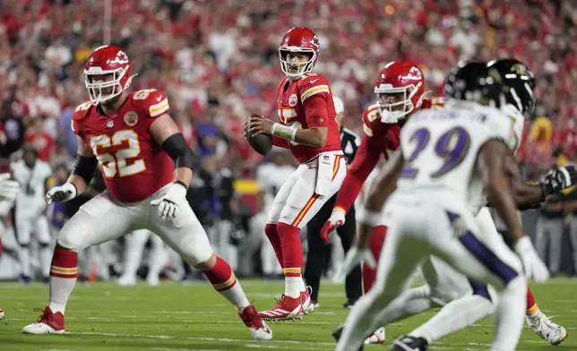 Kansas City Chiefs quarterback Patrick Mahomes drops back to pass during the first half of an NFL football game against the Baltimore Ravens Thursday, Sept. 5, 2024, in Kansas City, Mo. (AP Photo/Ed Zurga)