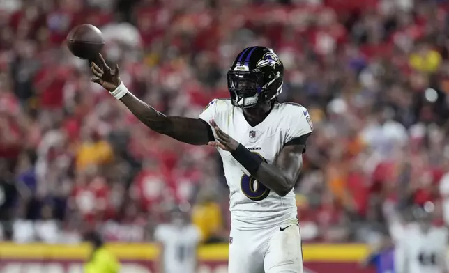 Baltimore Ravens quarterback Lamar Jackson throws during the first half of an NFL football game against the Kansas City Chiefs Thursday, Sept. 5, 2024, in Kansas City, Mo. (AP Photo/Ed Zurga)