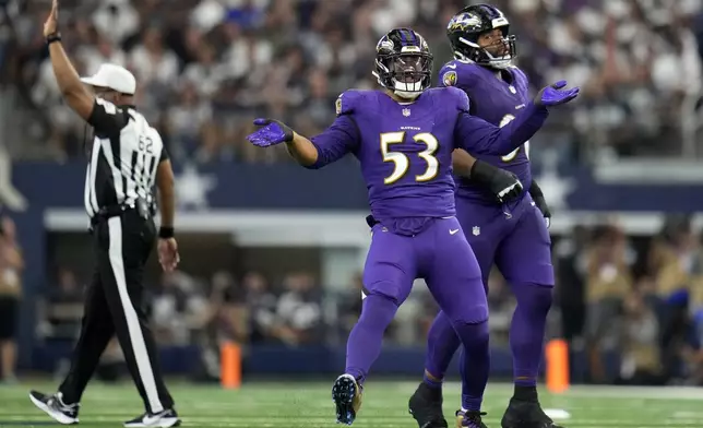 Baltimore Ravens linebacker Kyle Van Noy (53) celebrates after sacking Dallas Cowboys quarterback Dak Prescott in the second half of an NFL football game in Arlington, Texas, Sunday, Sept. 22, 2024. (AP Photo/Julio Cortez)