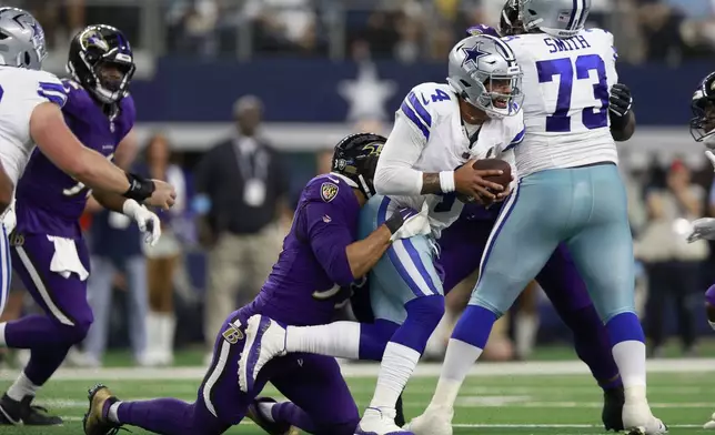 Baltimore Ravens linebacker Kyle Van Noy, left, sacks Dallas Cowboys quarterback Dak Prescott (4) in the first half of an NFL football game in Arlington, Texas, Sunday, Sept. 22, 2024. (AP Photo/Gareth Patterson)