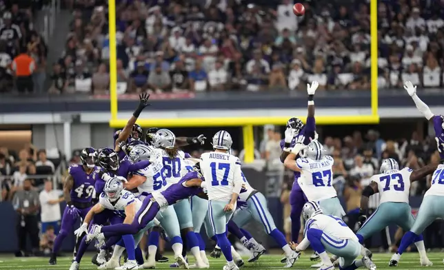 Dallas Cowboys place kicker Brandon Aubrey (17) kicks a field goal in the first half of an NFL football game against the Baltimore Ravens in Arlington, Texas, Sunday, Sept. 22, 2024. (AP Photo/Julio Cortez)