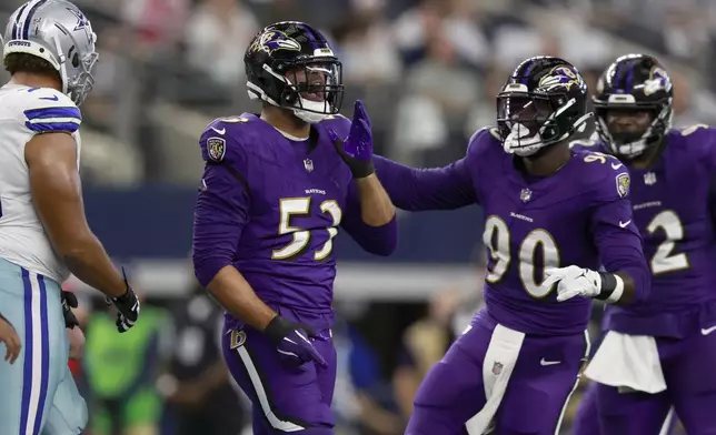 Baltimore Ravens linebacker Kyle Van Noy (53) celebrates with David Ojabo (90) after sacking Dallas Cowboys quarterback Dak Prescott in the first half of an NFL football game in Arlington, Texas, Sunday, Sept. 22, 2024. (AP Photo/Gareth Patterson)