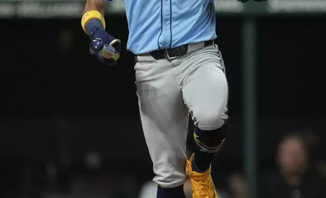 Tampa Bay Rays' Jose Caballero reacts after a called second strike in the sixth inning of a baseball game against the Cleveland Guardians, Friday, Sept. 13, 2024, in Cleveland. Caballero struck out in the at-bat. (AP Photo/Sue Ogrocki)