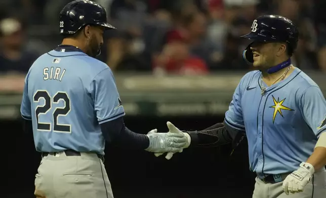 Tampa Bay Rays' Logan Driscoll, right, is congratulated by teammate Jose Siri (22) after hitting a home run in the third inning of a baseball game against the Cleveland Guardians, Friday, Sept. 13, 2024, in Cleveland. (AP Photo/Sue Ogrocki)