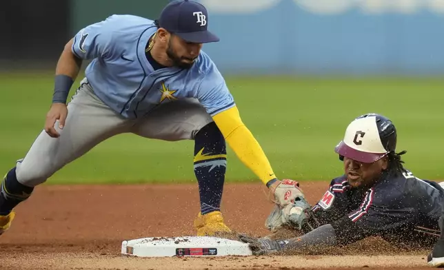 Cleveland Guardians' Jose Ramirez, right, slides safely into second base under the tag of Tampa Bay Rays second baseman Jose Caballero, left, inning of a baseball game, Friday, Sept. 13, 2024, in Cleveland. (AP Photo/Sue Ogrocki)