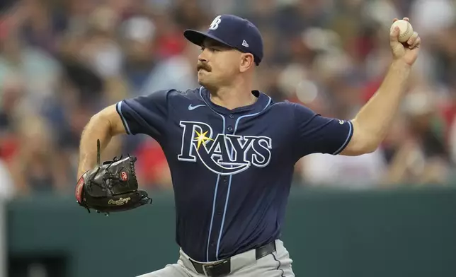 Tampa Bay Rays' Tyler Alexander pitches in the fifth inning of a baseball game against the Cleveland Guardians Saturday, Sept. 14, 2024, in Cleveland. (AP Photo/Sue Ogrocki)