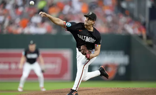 Baltimore Orioles starting pitcher Dean Kremer delivers during the first inning of a baseball game against the Tampa Bay Rays, Friday, Sept. 6, 2024, in Baltimore. (AP Photo/Stephanie Scarbrough)