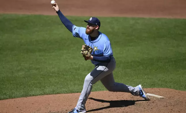 Tampa Bay Rays starting pitcher Zack Littell throws during the fourth inning of a baseball game against the Baltimore Orioles, Sunday, Sept. 8, 2024, in Baltimore. (AP Photo/Nick Wass)