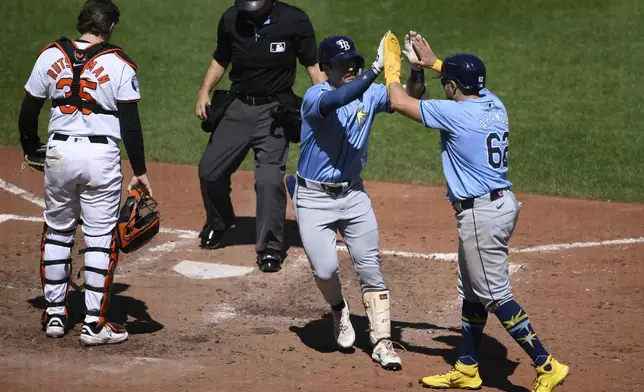 Tampa Bay Rays' Jonny DeLuca, second from right, celebrates his two-run home run with Jonathan Aranda, right, during the sixth inning of a baseball game as Baltimore Orioles catcher Adley Rutschman (35) looks on at left, Sunday, Sept. 8, 2024, in Baltimore. (AP Photo/Nick Wass)