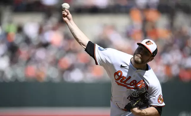 Baltimore Orioles starting pitcher Corbin Burnes throws during the first inning of a baseball game against the Tampa Bay Rays, Sunday, Sept. 8, 2024, in Baltimore. (AP Photo/Nick Wass)