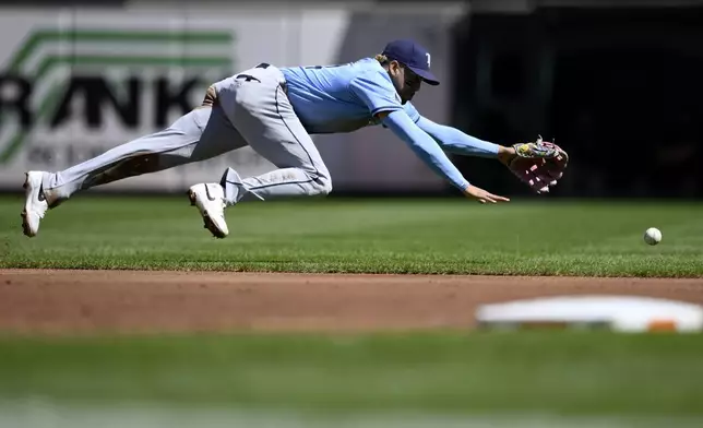 Tampa Bay Rays second baseman Christopher Morel goes after a ball that went for a single by Baltimore Orioles' Gunnar Henderson during the first inning of a baseball game, Sunday, Sept. 8, 2024, in Baltimore. (AP Photo/Nick Wass)