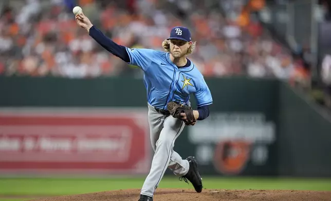 Tampa Bay Rays starting pitcher Shane Baz delivers during the first inning of a baseball game against the Baltimore Orioles, Friday, Sept. 6, 2024, in Baltimore. (AP Photo/Stephanie Scarbrough)