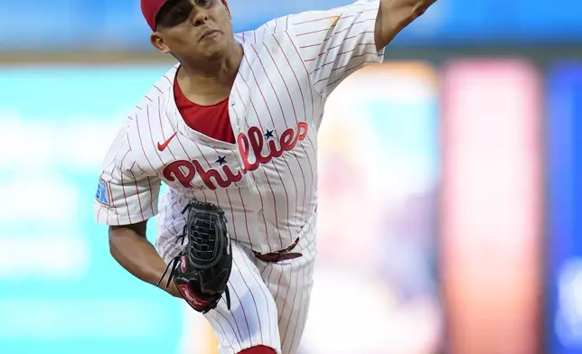 Philadelphia Phillies' Ranger Suárez throws during the first inning of a baseball game against the Tampa Bay Rays, Tuesday, Sept. 10, 2024, in Philadelphia. (AP Photo/Derik Hamilton)