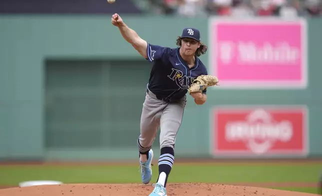 Tampa Bay Rays' Ryan Pepiot delivers a pitch to a Boston Red Sox batter in the first inning of a baseball game, Sunday, Sept. 29, 2024, in Boston. (AP Photo/Steven Senne)