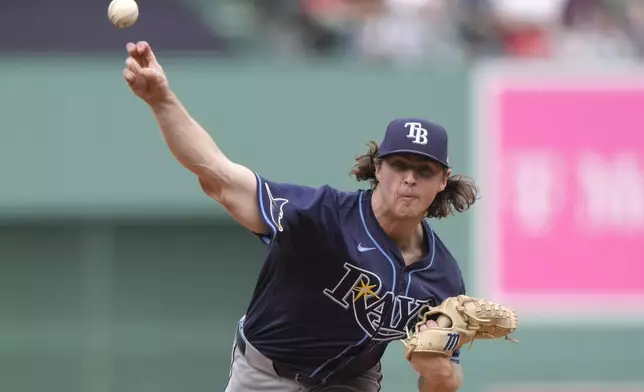 Tampa Bay Rays' Ryan Pepiot delivers a pitch to a Boston Red Sox batter in the first inning of a baseball game, Sunday, Sept. 29, 2024, in Boston. (AP Photo/Steven Senne)