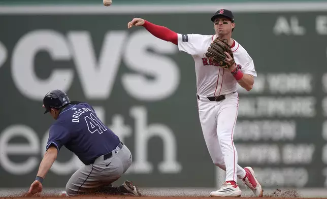 Tampa Bay Rays' Logan Driscoll, left, slides out at second base as Boston Red Sox shortstop Nick Sogard, right, throws to first to complete a double play in the fifth inning of a baseball game, Sunday, Sept. 29, 2024, in Boston. (AP Photo/Steven Senne)