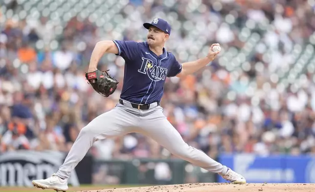 Tampa Bay Rays starting pitcher Tyler Alexander throws during the third inning of a baseball game against the Detroit Tigers, Thursday, Sept. 26, 2024, in Detroit. (AP Photo/Carlos Osorio)