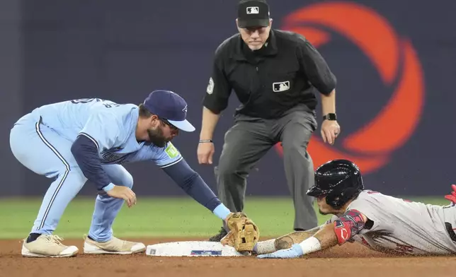 Boston Red Sox's Vaughn Grissom, right, slides safely into second base in front of the tag from Toronto Blue Jays second baseman Davis Schneider during the fifth inning of a baseball game in Toronto, Tuesday, Sept. 24, 2024. (Chris Young/The Canadian Press via AP)